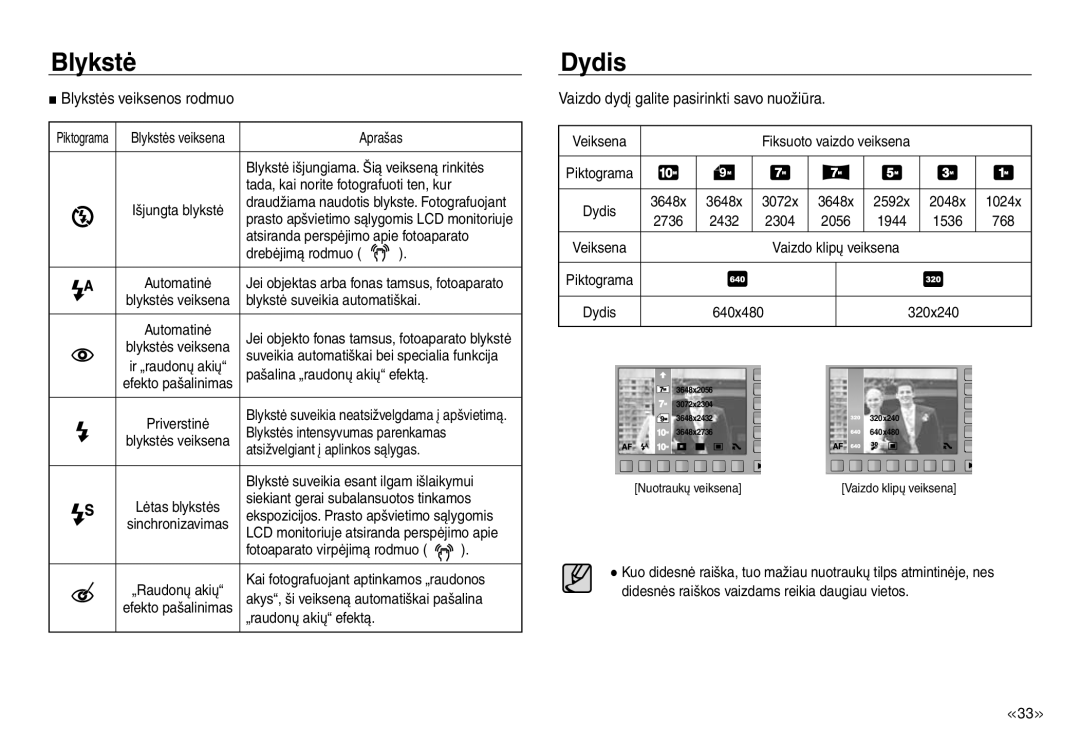 Samsung EC-J45ABDA/EU3 manual Dydis, Blykstės veiksenos rodmuo, Vaizdo dydį galite pasirinkti savo nuožiūra 