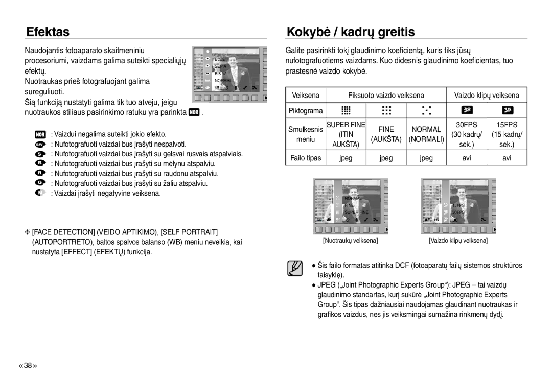 Samsung EC-J45ABDA/EU3 manual Efektas, Kokybė / kadrų greitis 