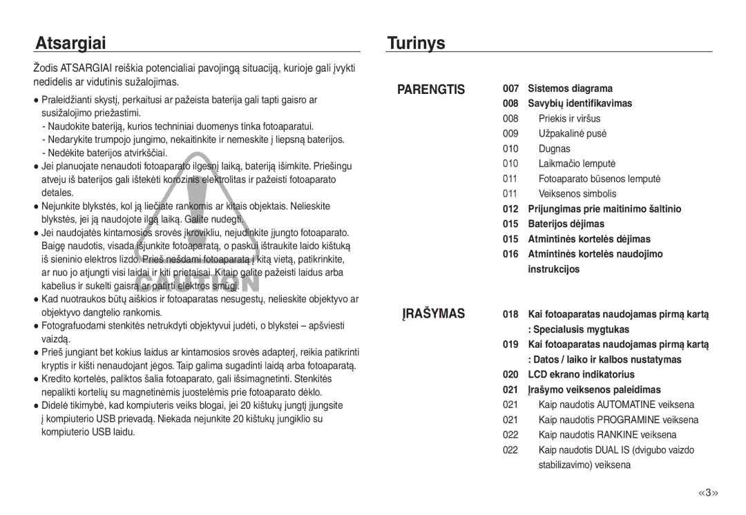 Samsung EC-J45ABDA/EU3 manual Atsargiai, Turinys, Nedidelis ar vidutinis sužalojimas 