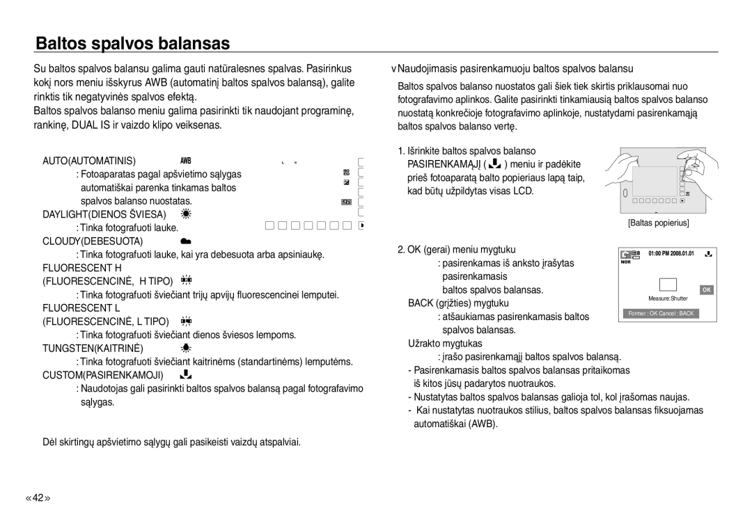 Samsung EC-J45ABDA/EU3 manual Baltos spalvos balansas, Naudojimasis pasirenkamuoju baltos spalvos balansu 