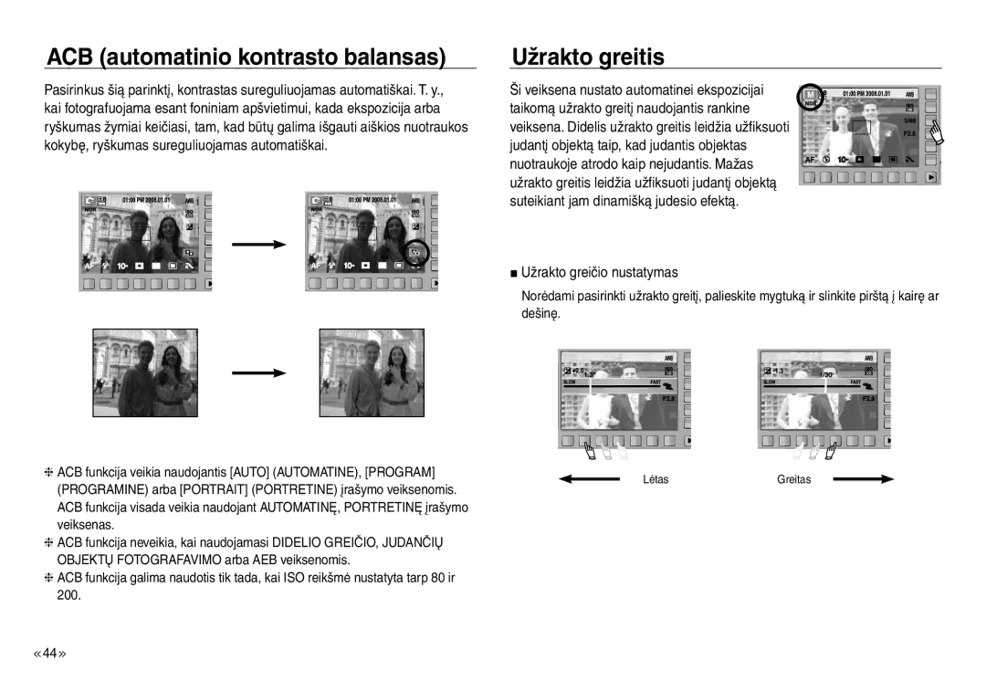 Samsung EC-J45ABDA/EU3 manual ACB automatinio kontrasto balansas, Užrakto greitis, Užrakto greičio nustatymas 