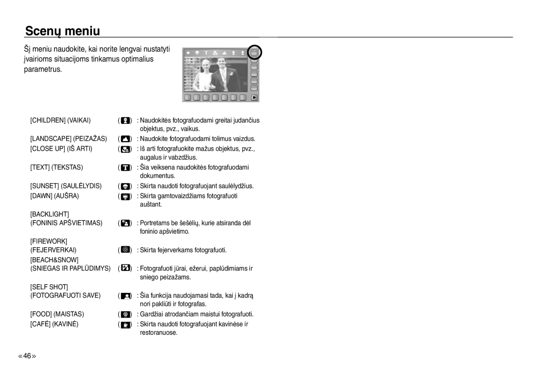 Samsung EC-J45ABDA/EU3 manual Scenų meniu 