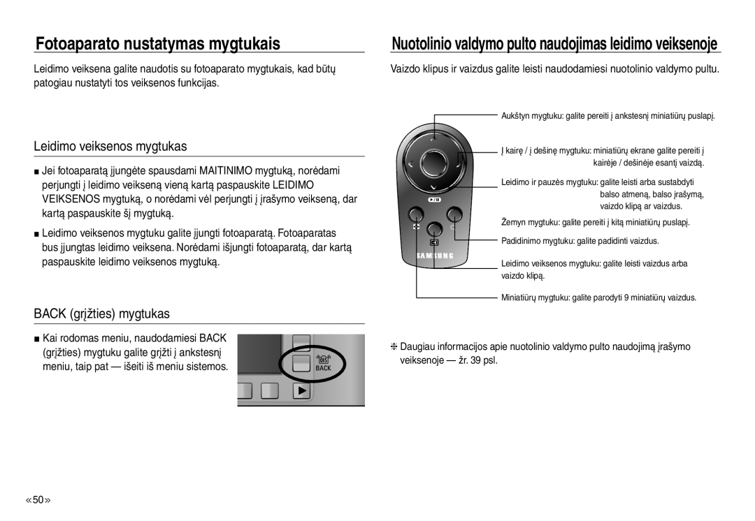 Samsung EC-J45ABDA/EU3 manual Leidimo veiksenos mygtukas, Back grįžties mygtukas, Kai rodomas meniu, naudodamiesi Back 