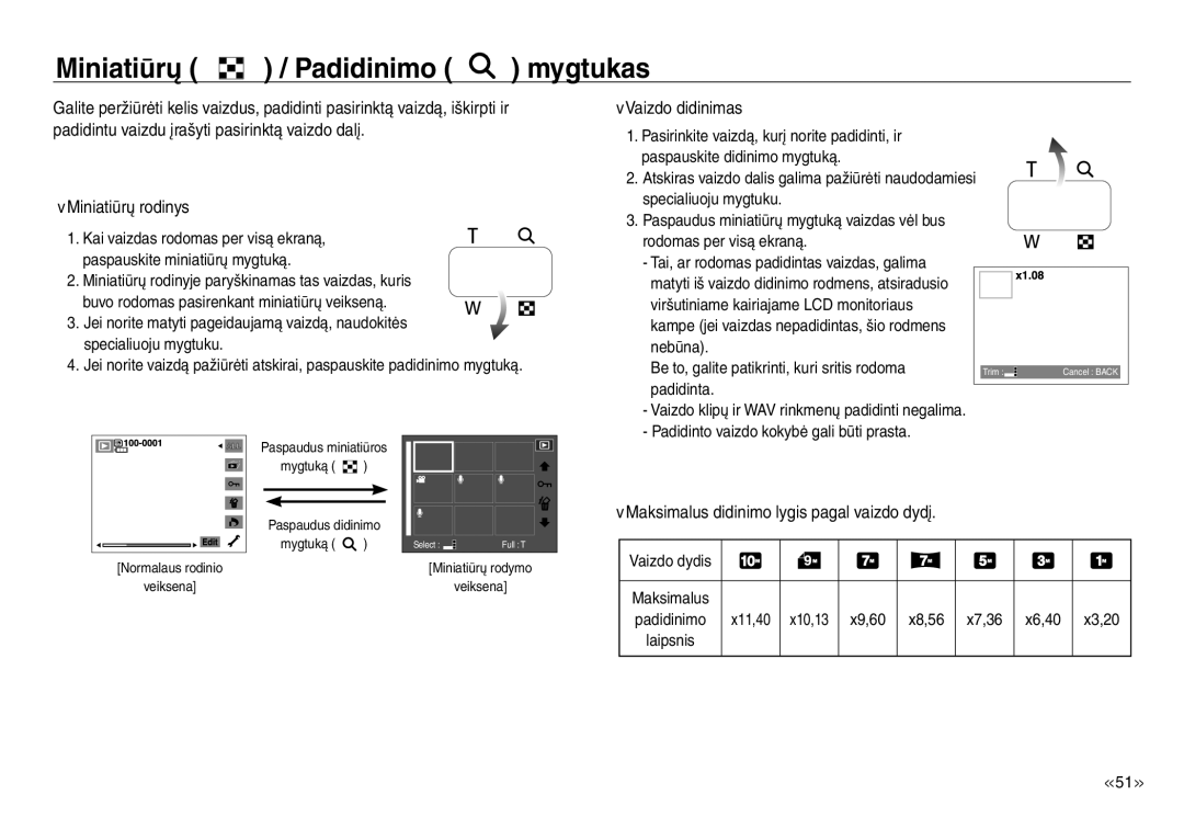 Samsung EC-J45ABDA/EU3 manual Miniatiūrų Padidinimo mygtukas, Miniatiūrų rodinys, Vaizdo didinimas 