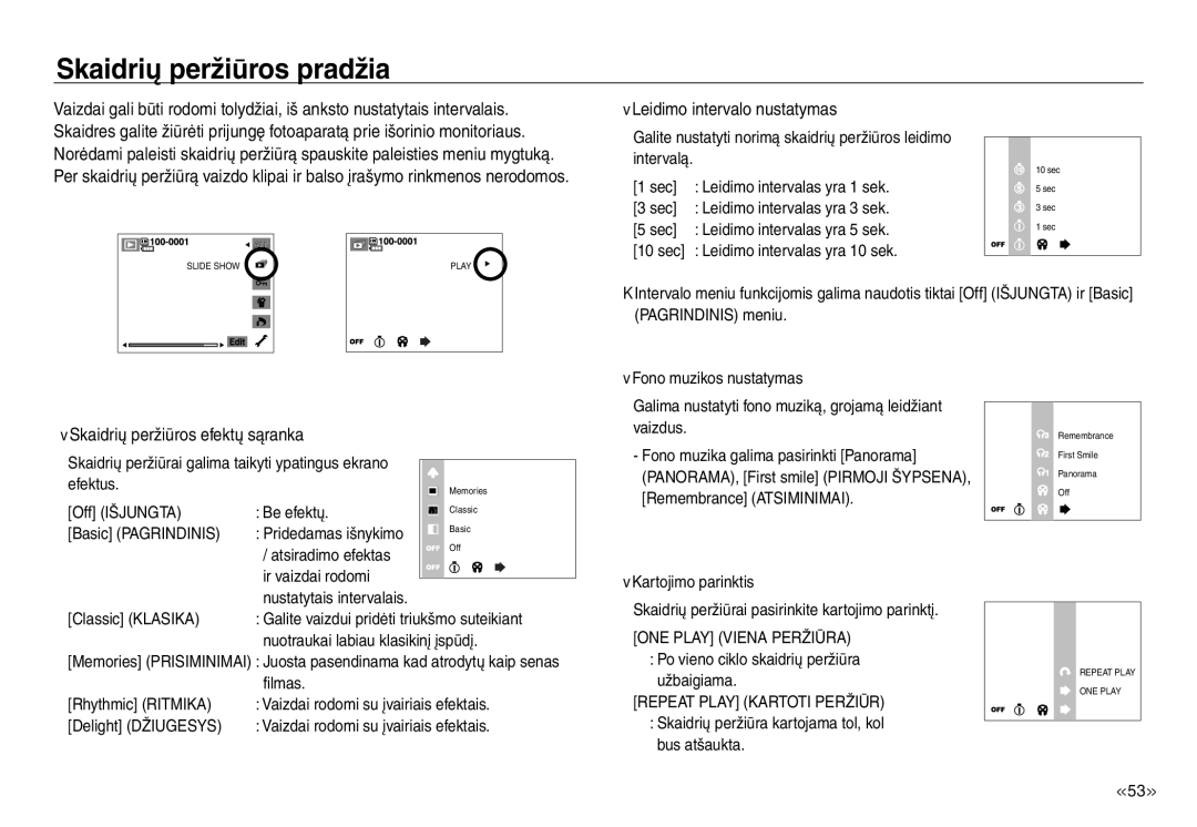 Samsung EC-J45ABDA/EU3 manual Skaidrių peržiūros pradžia, Leidimo intervalo nustatymas, Skaidrių peržiūros efektų sąranka 