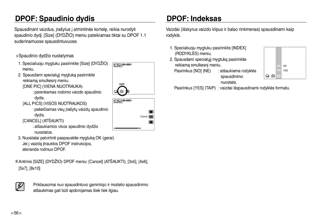 Samsung EC-J45ABDA/EU3 manual Dpof Spaudinio dydis, Dpof Indeksas, Spaudinio dydžio nustatymas, Cancel Atšaukti 