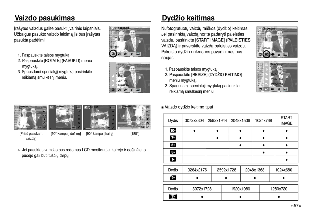 Samsung EC-J45ABDA/EU3 manual Vaizdo pasukimas Dydžio keitimas, Vaizdo dydžio keitimo tipai, Start 