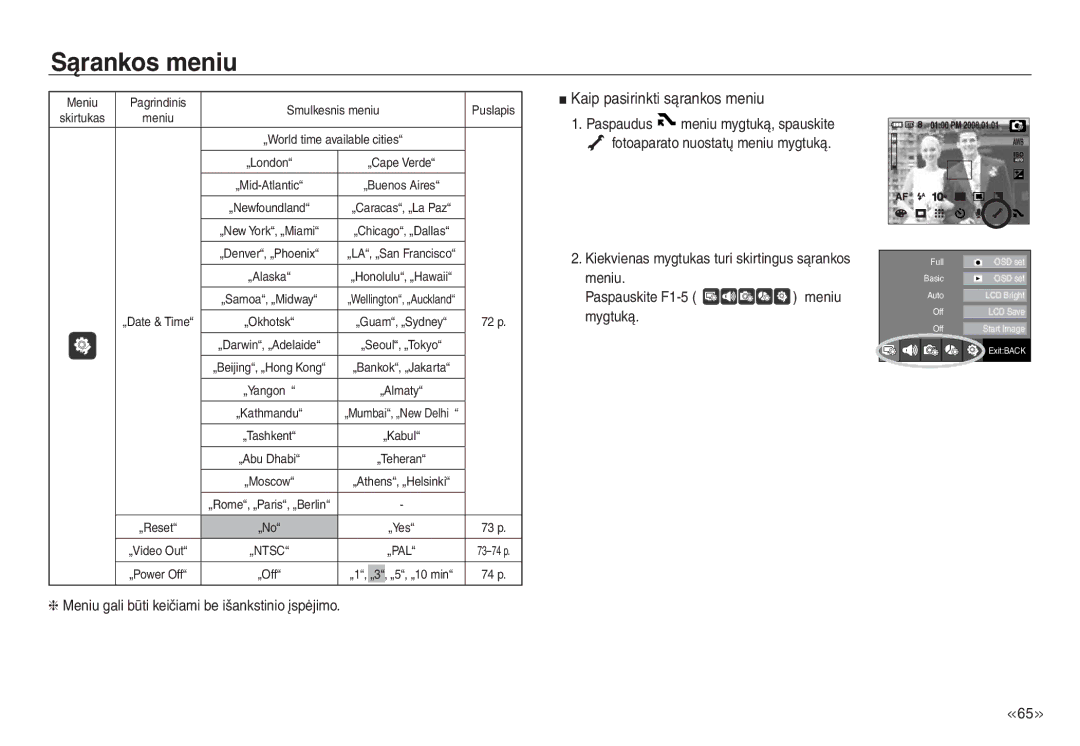 Samsung EC-J45ABDA/EU3 manual Kaip pasirinkti sąrankos meniu, Paspaudus, Paspauskite F1-5 Meniu 