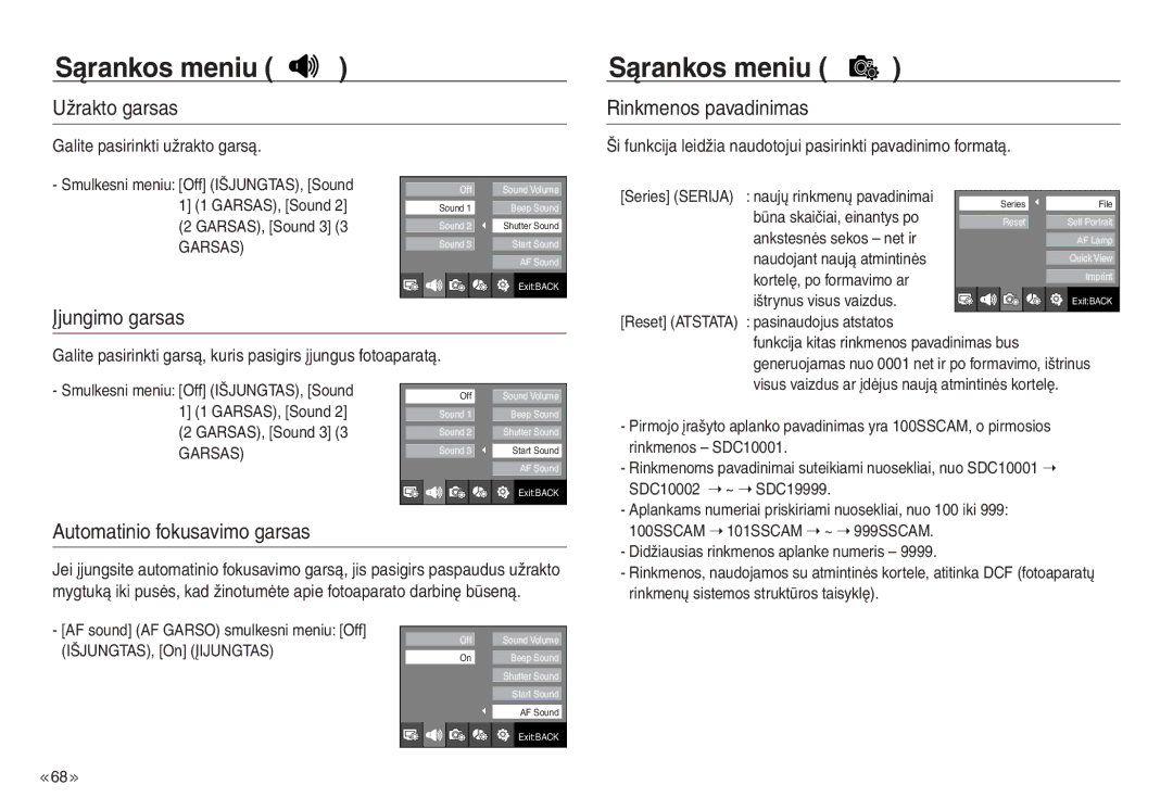 Samsung EC-J45ABDA/EU3 manual Užrakto garsas, Rinkmenos pavadinimas, Įjungimo garsas, Automatinio fokusavimo garsas 