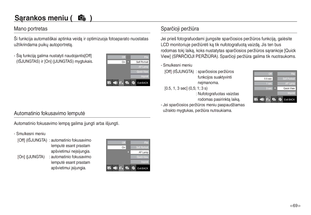 Samsung EC-J45ABDA/EU3 manual Mano portretas Sparčioji peržiūra, Automatinio fokusavimo lemputė 