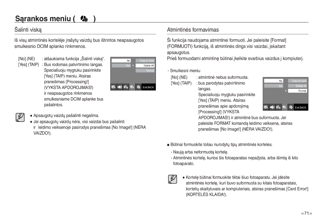 Samsung EC-J45ABDA/EU3 manual Šalinti viską, Atmintinės formavimas, Vyksta Apdorojimas 