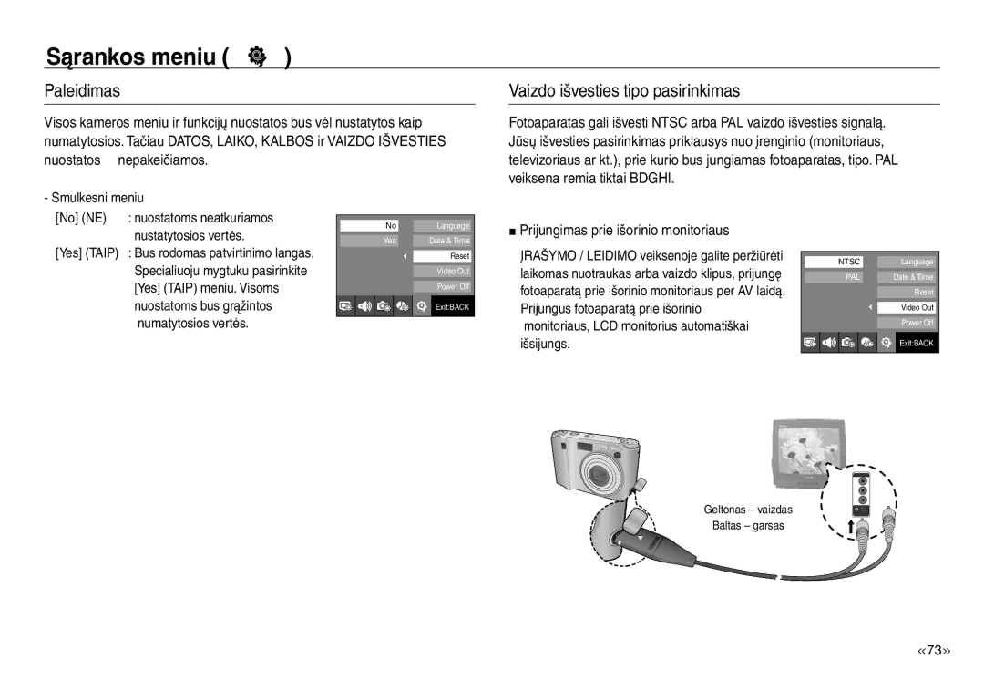 Samsung EC-J45ABDA/EU3 manual Paleidimas, Vaizdo išvesties tipo pasirinkimas, Prijungimas prie išorinio monitoriaus 