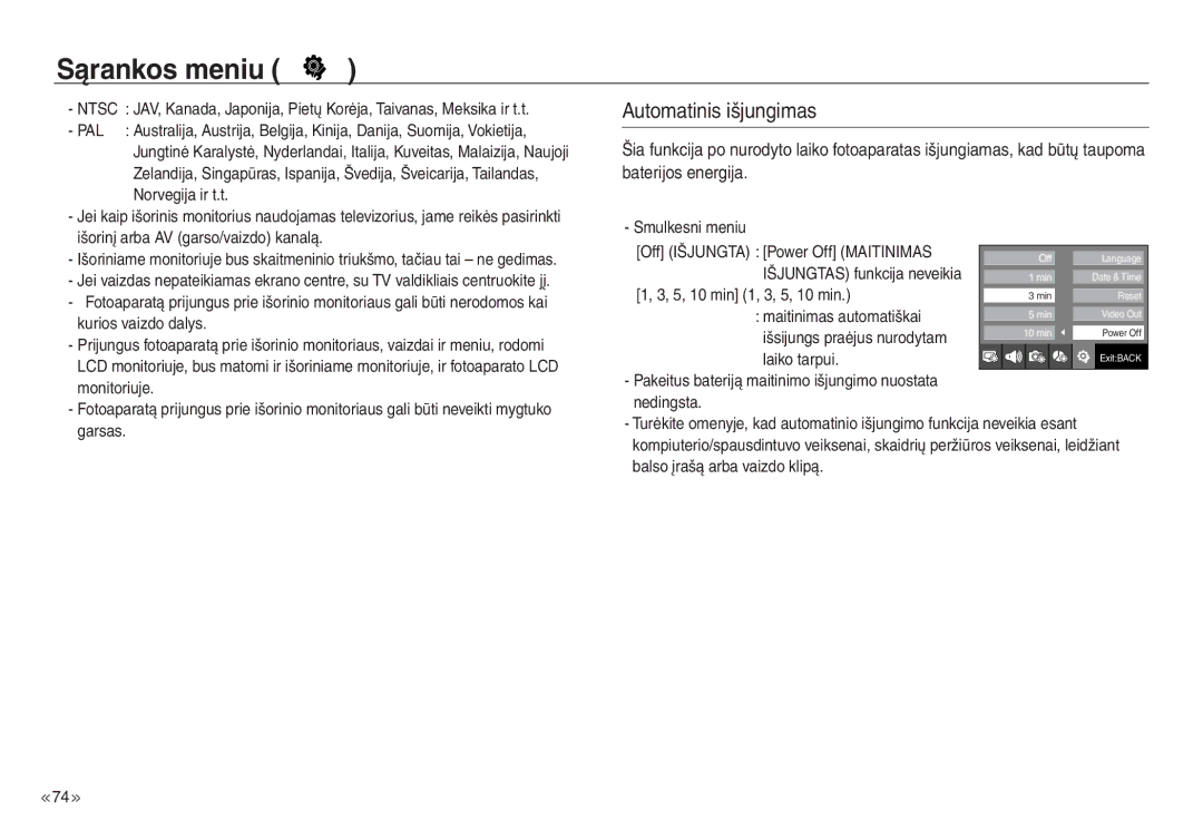 Samsung EC-J45ABDA/EU3 manual Automatinis išjungimas, Laiko tarpui 