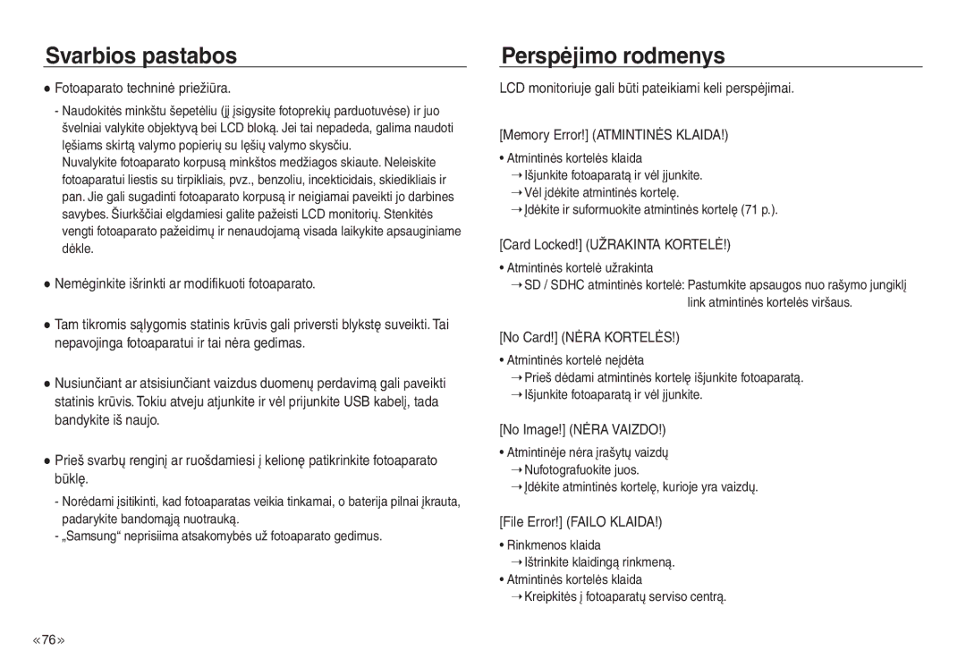 Samsung EC-J45ABDA/EU3 manual Perspėjimo rodmenys 