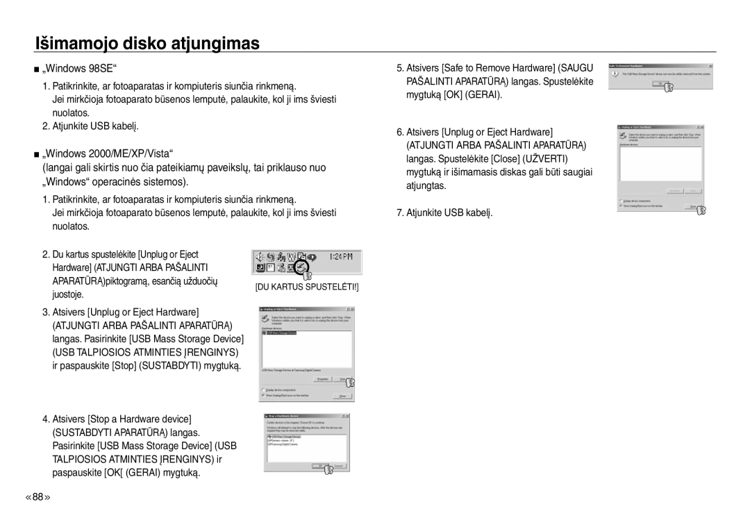 Samsung EC-J45ABDA/EU3 manual Išimamojo disko atjungimas, „Windows 98SE, Atsivers Unplug or Eject Hardware 