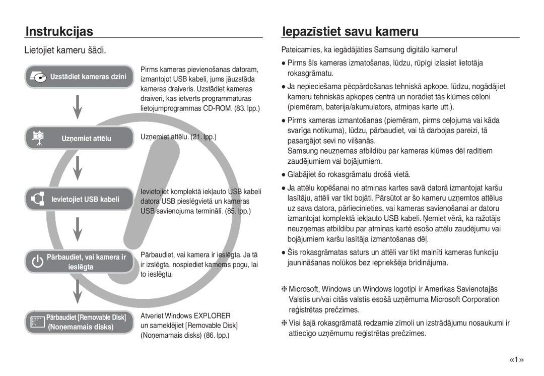 Samsung EC-J45ABDA/EU3 manual Instrukcijas Iepazīstiet savu kameru, Lietojiet kameru šādi 