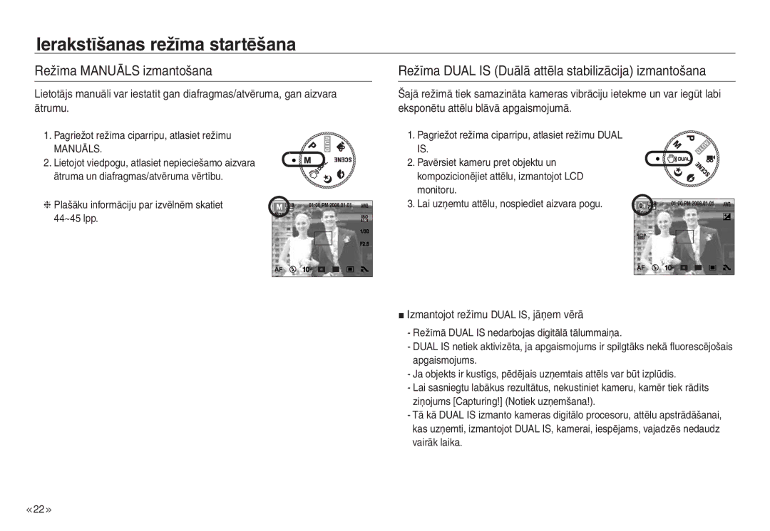 Samsung EC-J45ABDA/EU3 manual Režīma Manuāls izmantošana, Režīma Dual is Duālā attēla stabilizācija izmantošana 