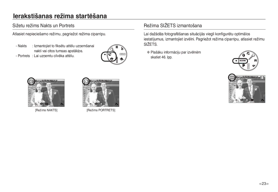 Samsung EC-J45ABDA/EU3 manual Sižetu režīms Nakts un Portrets, Režīma Sižets izmantošana 