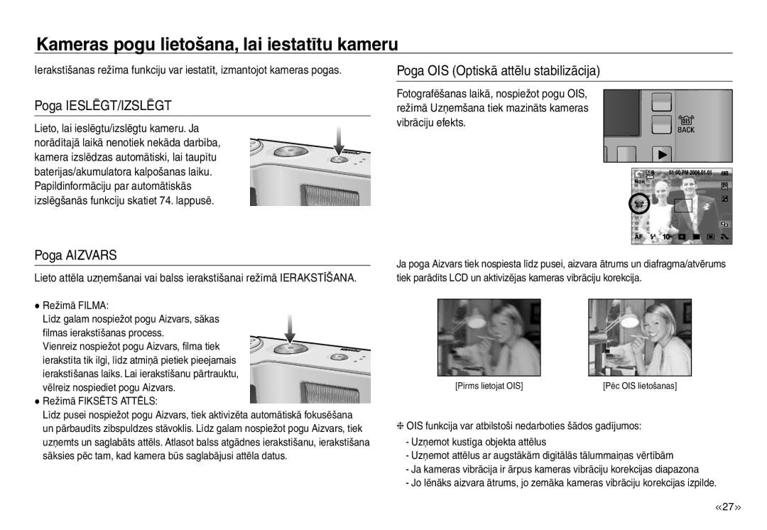 Samsung EC-J45ABDA/EU3 manual Kameras pogu lietošana, lai iestatītu kameru, Poga IESLĒGT/IZSLĒGT, Poga Aizvars 