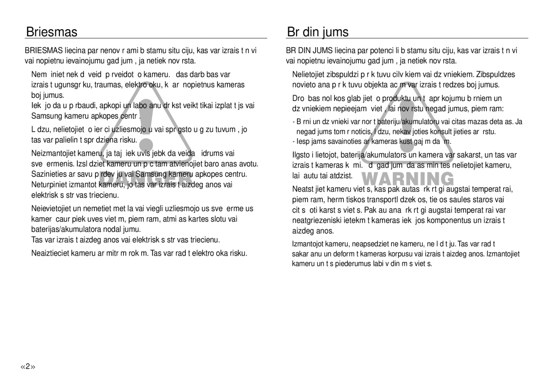 Samsung EC-J45ABDA/EU3 manual Briesmas, Brīdinājums 