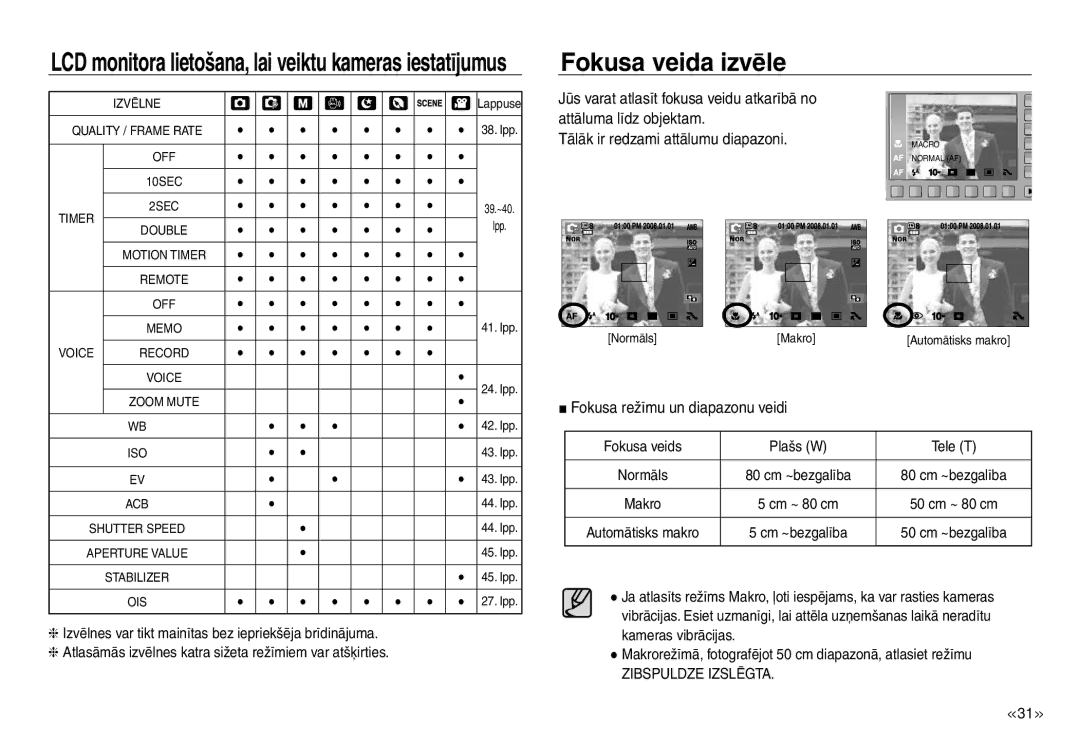 Samsung EC-J45ABDA/EU3 manual Fokusa veida izvēle, Fokusa režīmu un diapazonu veidi, Fokusa veids Plašs W Tele T 