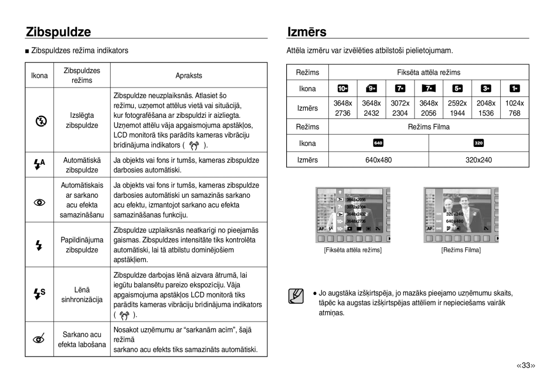 Samsung EC-J45ABDA/EU3 manual Izmērs, Zibspuldzes režīma indikators, Attēla izmēru var izvēlēties atbilstoši pielietojumam 