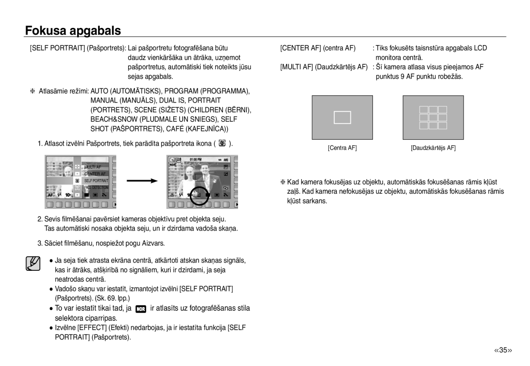 Samsung EC-J45ABDA/EU3 manual Fokusa apgabals, Monitora centrā, Punktus 9 AF punktu robežās 