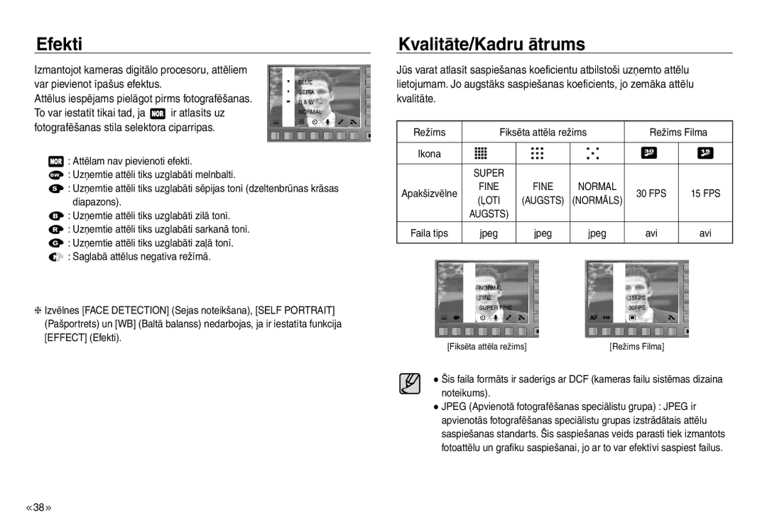 Samsung EC-J45ABDA/EU3 manual Efekti, Kvalitāte/Kadru ātrums 