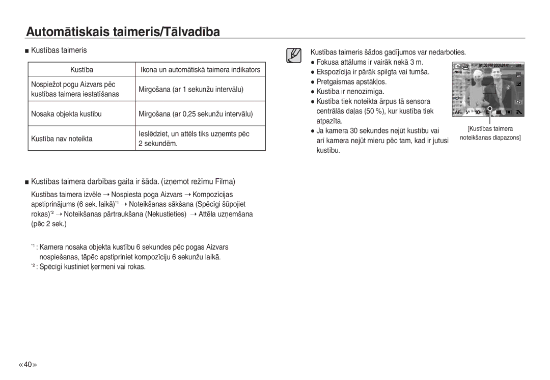 Samsung EC-J45ABDA/EU3 manual Kustības taimeris, Rokas *2 Noteikšanas pārtraukšana Nekustieties, Pēc 2 sek 