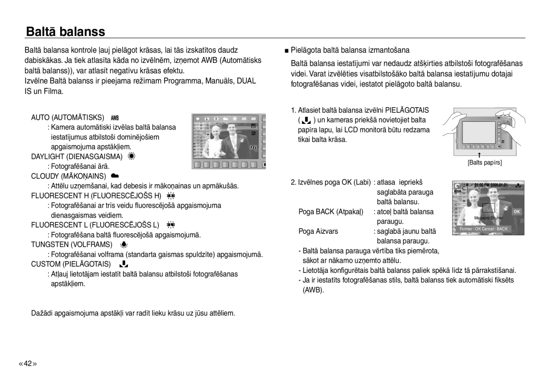 Samsung EC-J45ABDA/EU3 manual Baltā balanss, Pielāgota baltā balansa izmantošana 