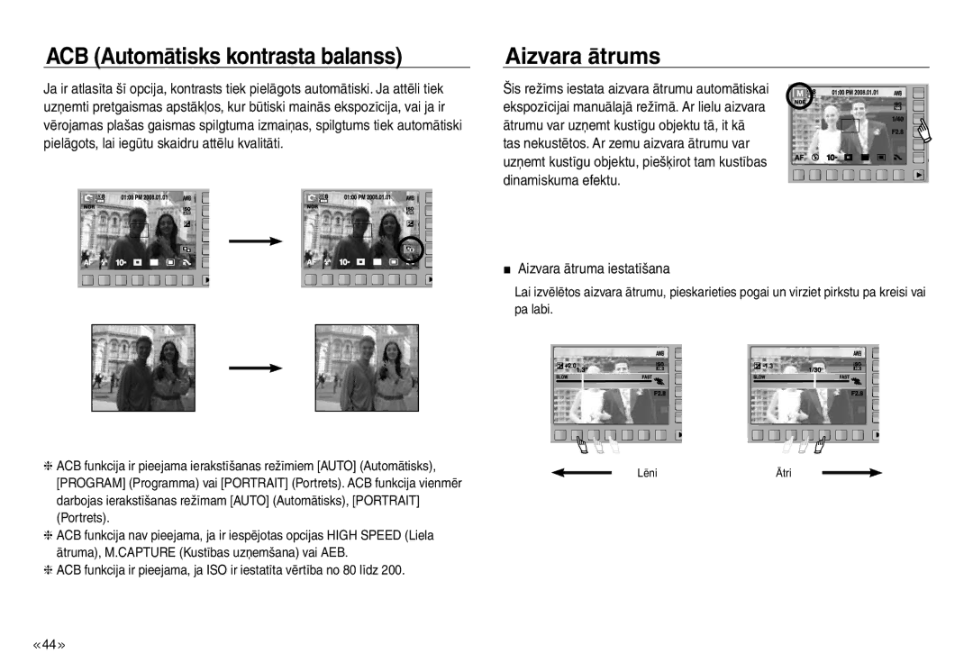 Samsung EC-J45ABDA/EU3 manual ACB Automātisks kontrasta balanss, Aizvara ātrums, Aizvara ātruma iestatīšana 