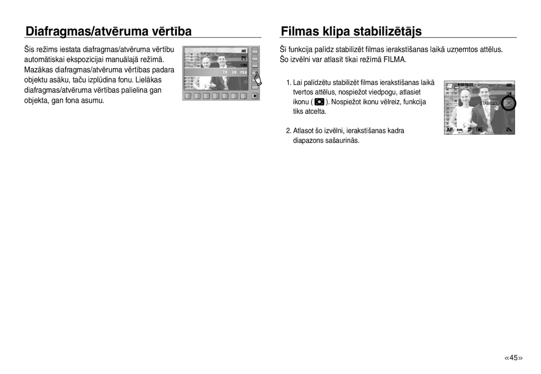 Samsung EC-J45ABDA/EU3 manual Diafragmas/atvēruma vērtība, Filmas klipa stabilizētājs 