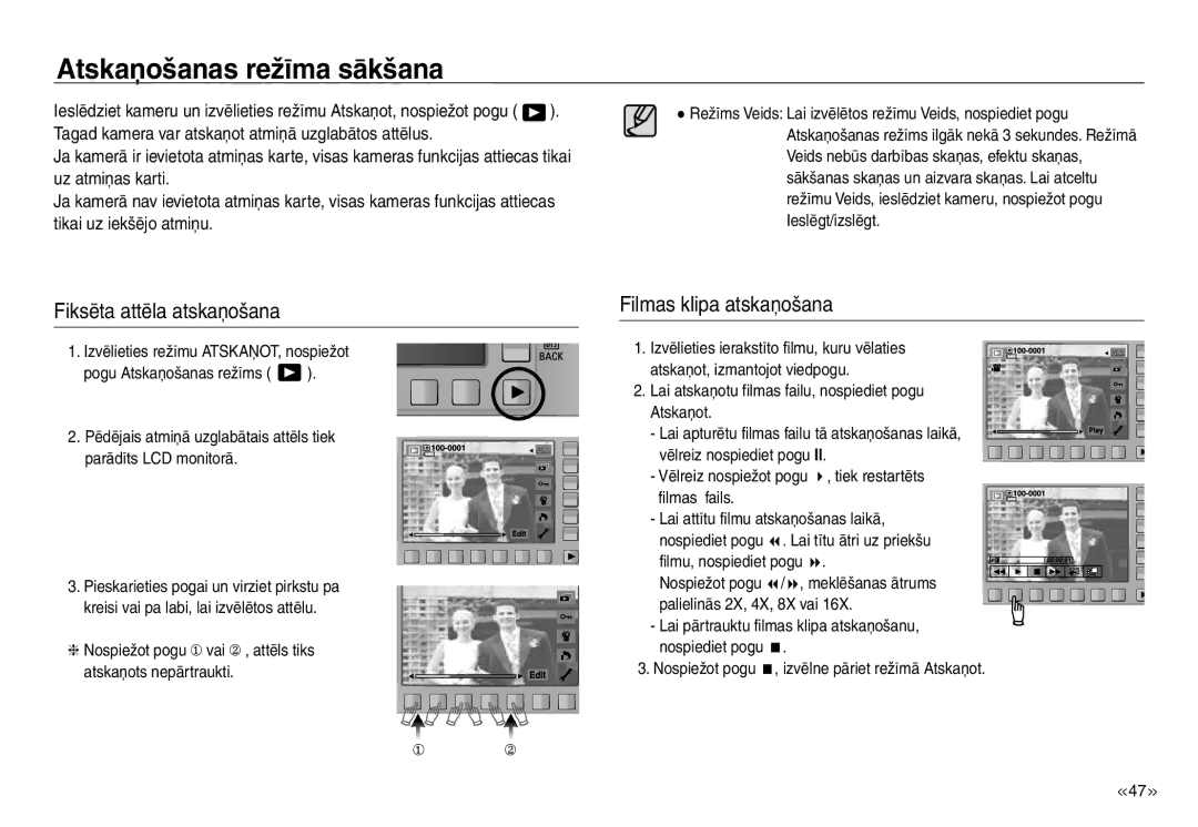 Samsung EC-J45ABDA/EU3 manual Atskaņošanas režīma sākšana, Fiksēta attēla atskaņošana, Filmas klipa atskaņošana 