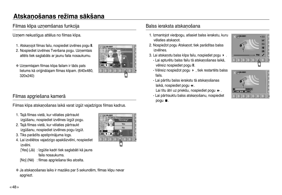 Samsung EC-J45ABDA/EU3 manual Filmas klipa uzņemšanas funkcija, Filmas apgriešana kamerā, Balss ieraksta atskaņošana 