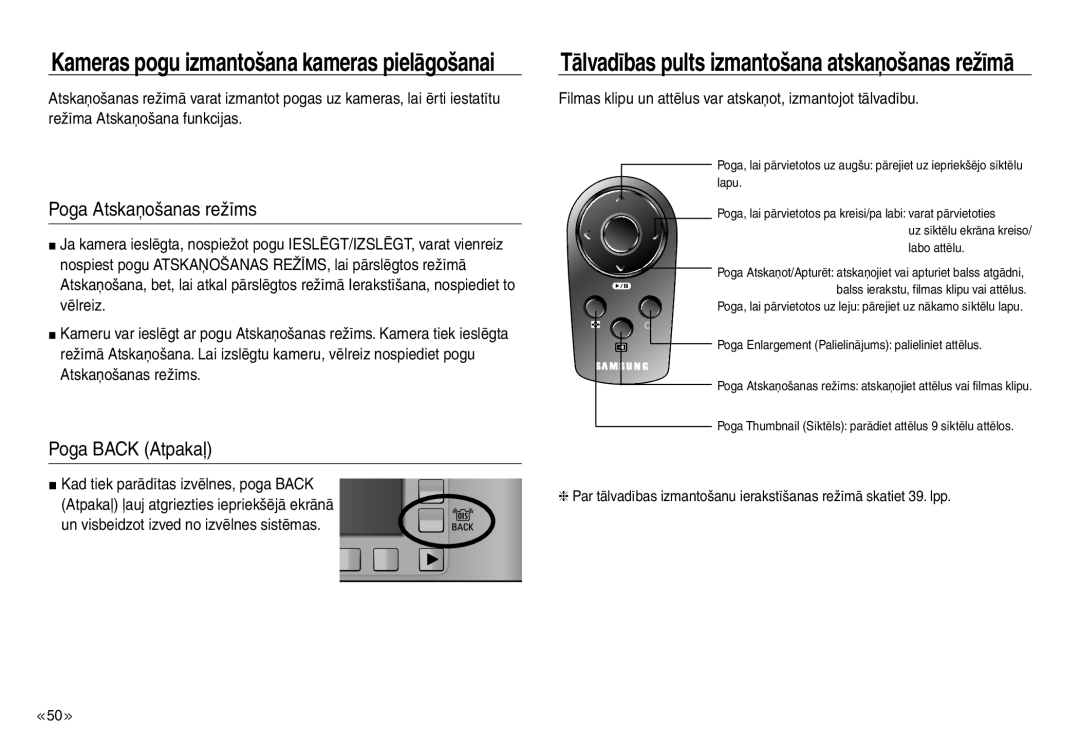 Samsung EC-J45ABDA/EU3 manual Poga Atskaņošanas režīms, Poga Back Atpakaļ, Kad tiek parādītas izvēlnes, poga Back 