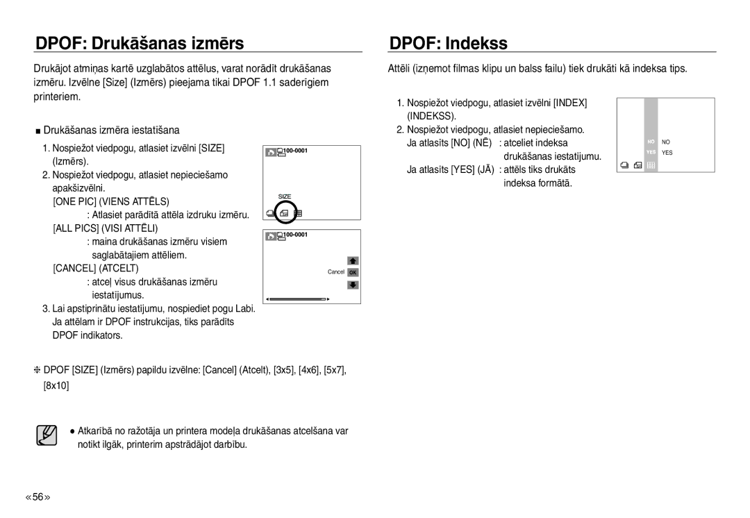 Samsung EC-J45ABDA/EU3 manual Dpof Drukāšanas izmērs, Dpof Indekss, Drukāšanas izmēra iestatīšana 