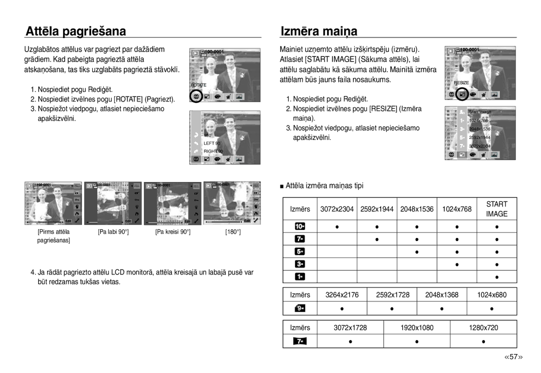 Samsung EC-J45ABDA/EU3 manual Attēla pagriešana Izmēra maiņa, Attēla izmēra maiņas tipi, Start 