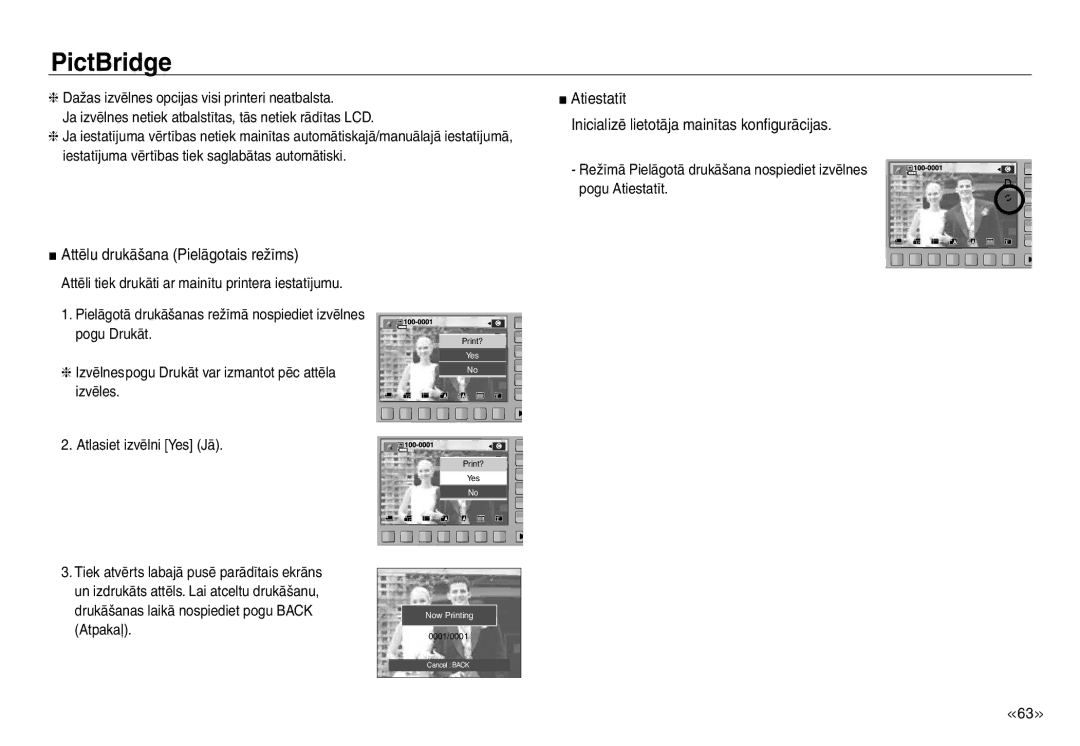 Samsung EC-J45ABDA/EU3 manual Atiestatīt Inicializē lietotāja mainītas konfigurācijas, Attēlu drukāšana Pielāgotais režīms 