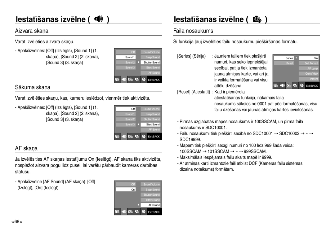 Samsung EC-J45ABDA/EU3 manual Aizvara skaņa, Faila nosaukums, Sākuma skaņa, AF skaņa, Varat izvēlēties aizvara skaņu 