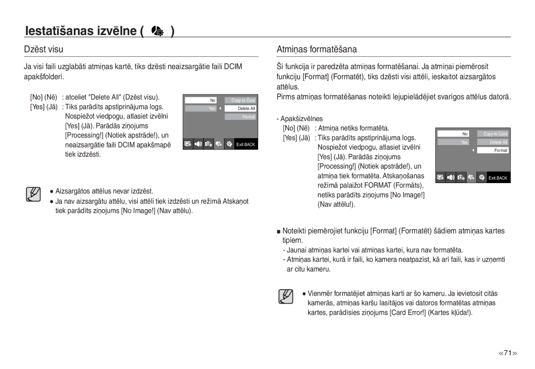 Samsung EC-J45ABDA/EU3 manual Atmiņas formatēšana, No Nē atceliet Delete All Dzēst visu 