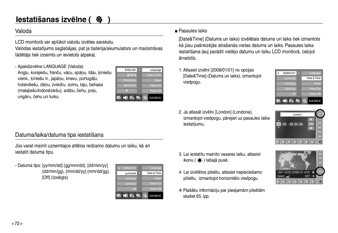 Samsung EC-J45ABDA/EU3 manual Valoda, Datuma/laika/datuma tipa iestatīšana, Ja atlasāt izvēlni London Londona, Iestatījumu 