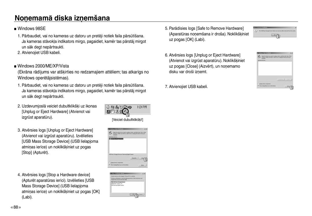 Samsung EC-J45ABDA/EU3 manual Noņemamā diska izņemšana, Windows 98SE 