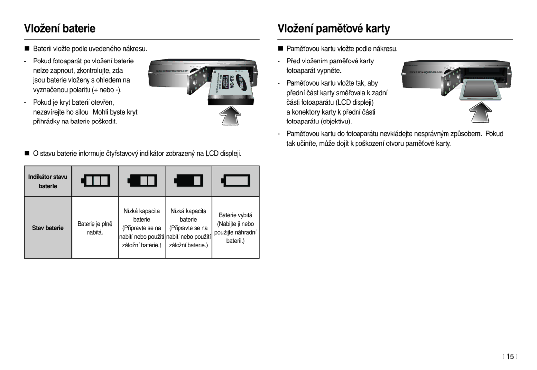 Samsung EC-L100ZBDA/E3 Vložení baterie, Tak učiníte, může dojít k poškození otvoru paměťové karty, 15 m, Stav baterie 