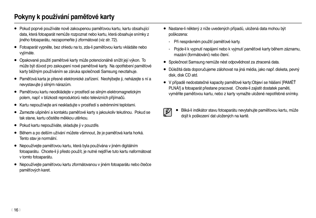 Samsung EC-L100ZSDA/E3, EC-L100ZBDA/E3, EC-L100ZBHA/E3, EC-L100ZSHA/E3 manual Pokyny k používání paměťové karty 