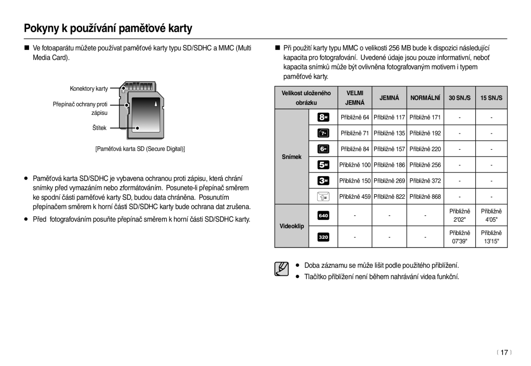 Samsung EC-L100ZBHA/E3, EC-L100ZBDA/E3, EC-L100ZSDA/E3 manual 17 m, Velikost uloženého, 30 SN./S 15 SN./S Obrázku, Snímek 