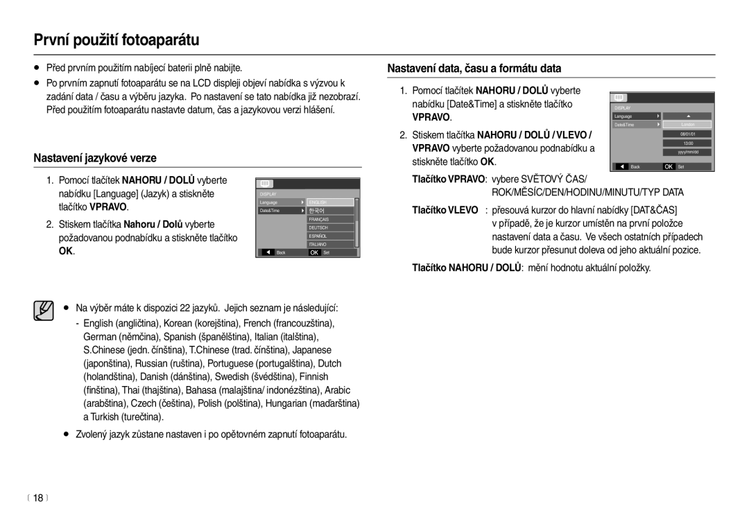 Samsung EC-L100ZSHA/E3 manual První použití fotoaparátu, Nastavení data, času a formátu data, Nastavení jazykové verze 