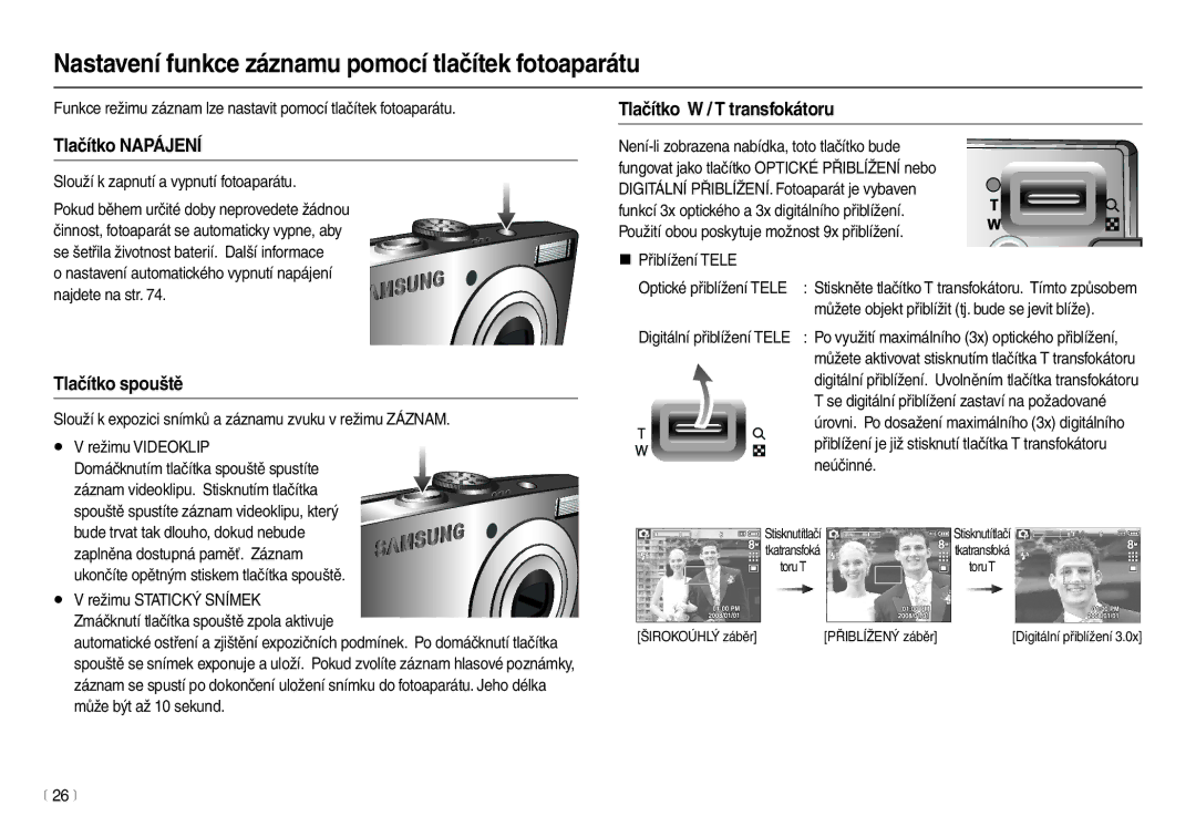 Samsung EC-L100ZSHA/E3 manual Nastavení funkce záznamu pomocí tlačítek fotoaparátu, Tlačítko Napájení, Tlačítko spouště 