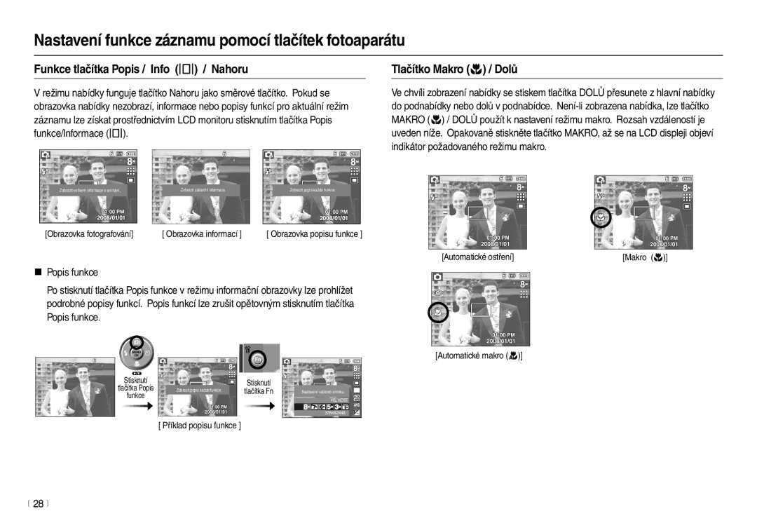 Samsung EC-L100ZSDA/E3, EC-L100ZBDA/E3 manual Funkce tlačítka Popis / Info  / Nahoru, Tlačítko Makro  / Dolů, 28 m 