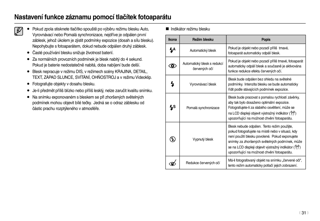 Samsung EC-L100ZBDA/E3 manual Časté používání blesku snižuje životnost baterií, Fotografujte objekty v dosahu blesku, 31 m 