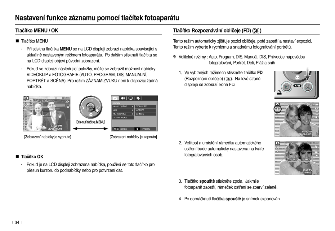 Samsung EC-L100ZSHA/E3 manual Tlačítko Menu / OK, Tlačítko Rozpoznávání obličeje FD , „ Tlačítko Menu, „ Tlačítko OK 